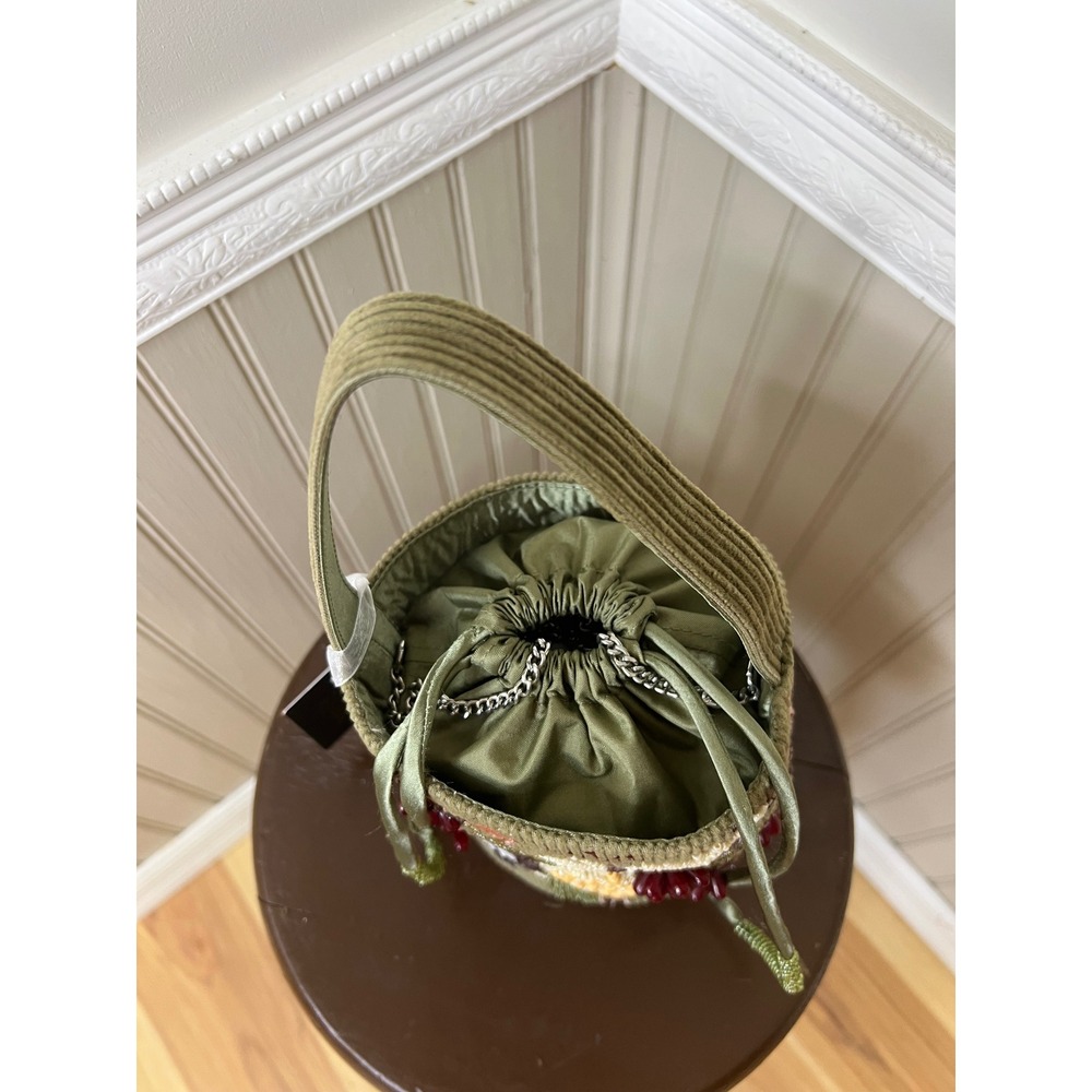 Handmade Beaded Corduroy Floral Bucket Bag Olive Green Drawstring India New - Picture 8 of 10